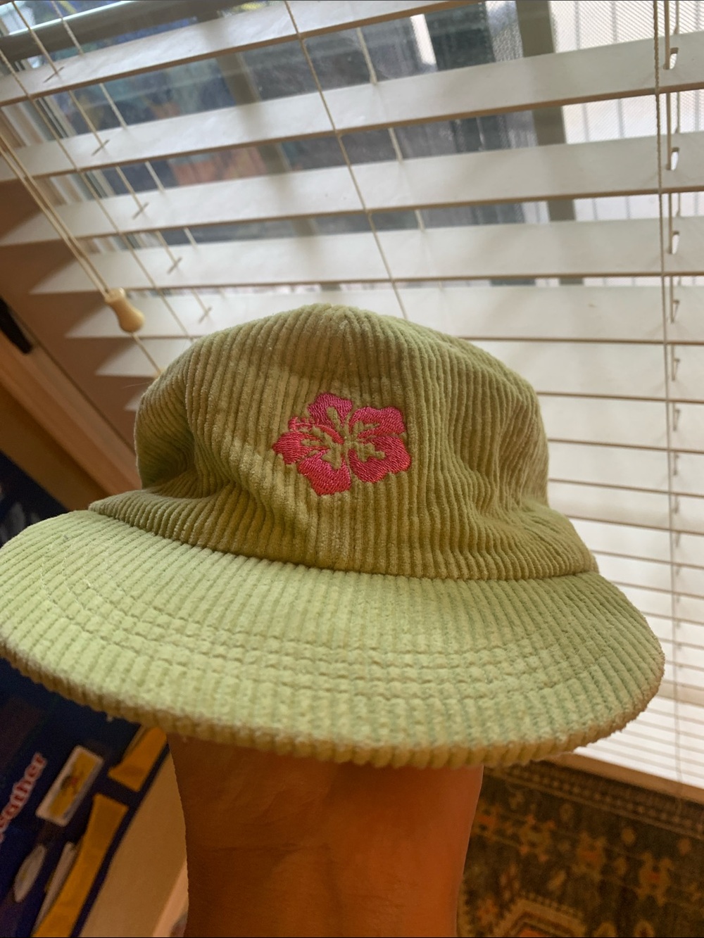 On the Moon Corduroy Hat with Pink Flower Embroidery - Light Green
